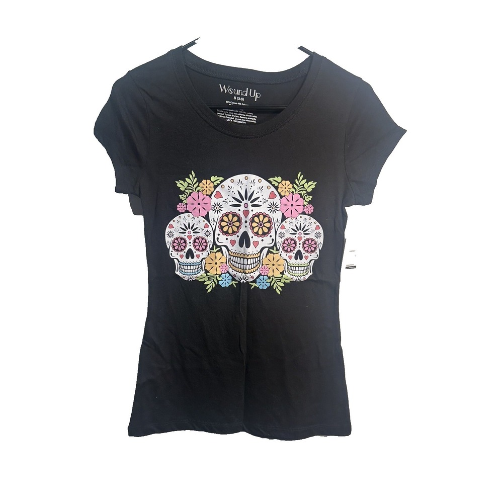 wound up short sleeve black‎ sugar skull shirt juniors size small 3 5